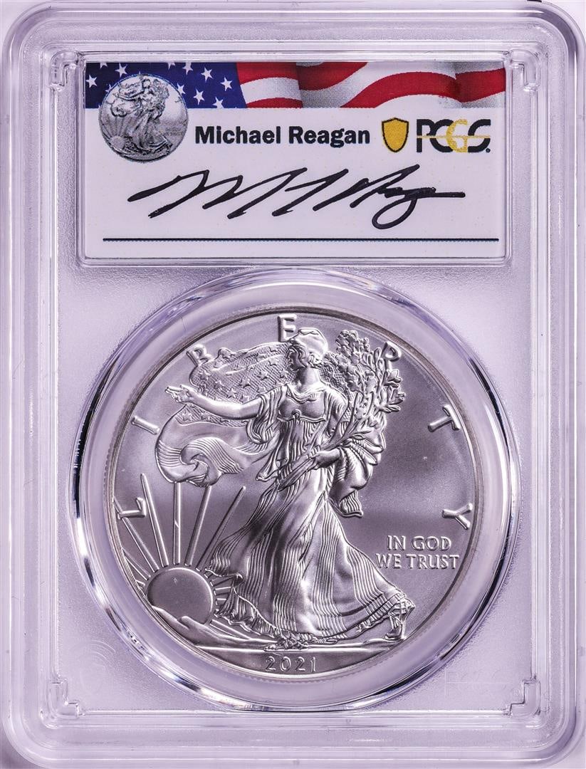 2021-(P) Ty.1 $1 American Silver Eagle Coin PCGS MS69 Reagan Signature First Day Issue: One 2021-(P) Ty.1 $1 American Silver Eagle Coin PCGS MS69 Reagan Signature First Day Issue. PCGS Graded.