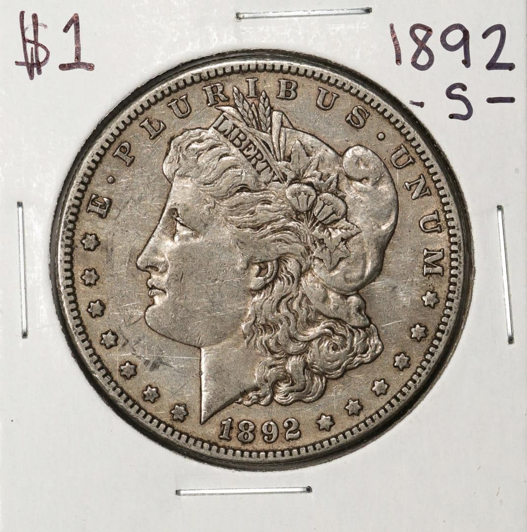 1892-S $1 Morgan Silver Dollar Coin: One 1892-S $1 Morgan Silver Dollar Coin.