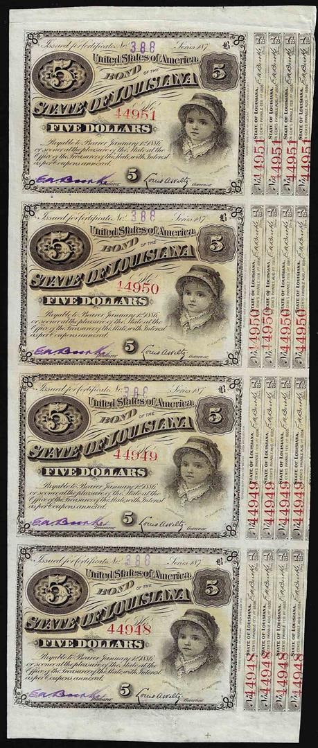 Uncut Sheet of (4) State of Louisiana Baby Bond Obsolete Notes: One Uncut Sheet of (4) State of Louisiana Baby Bond Obsolete Notes.