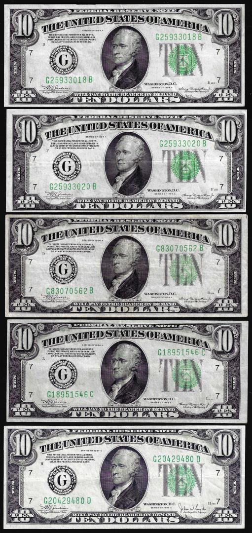 Lot of (5) 1934 $10 Federal Reserve Notes: One Lot of (5) 1934 $10 Federal Reserve Notes.
