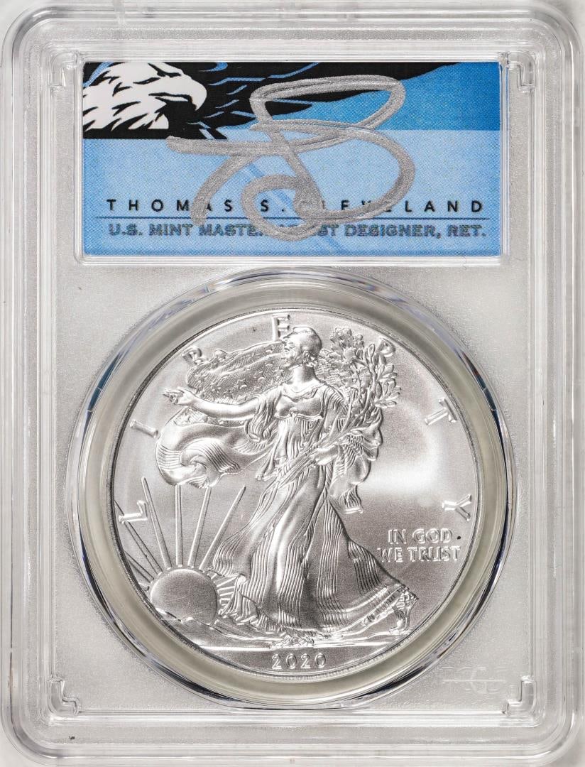 2020 $1 American Silver Eagle Coin PCGS MS70 First Day Of Issue Cleveland Signature: One 2020 $1 American Silver Eagle Coin PCGS MS70 First Day Of Issue Cleveland Signature. PCGS Graded.