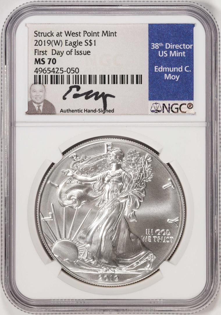 2019(W) $1 American Silver Eagle Coin NGC MS70 FDOI Moy Signature West Point Mint: One 2019(W) $1 American Silver Eagle Coin NGC MS70 FDOI Moy Signature West Point Mint. NGC Certified.