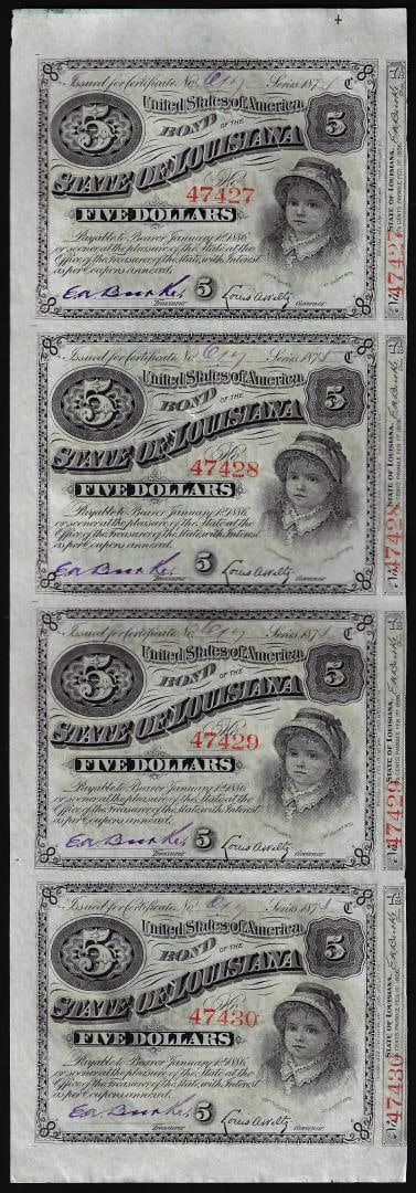 Uncut Sheet of (4) State of Louisiana Baby Bond Obsolete Notes: One Uncut Sheet of (4) State of Louisiana Baby Bond Obsolete Notes.