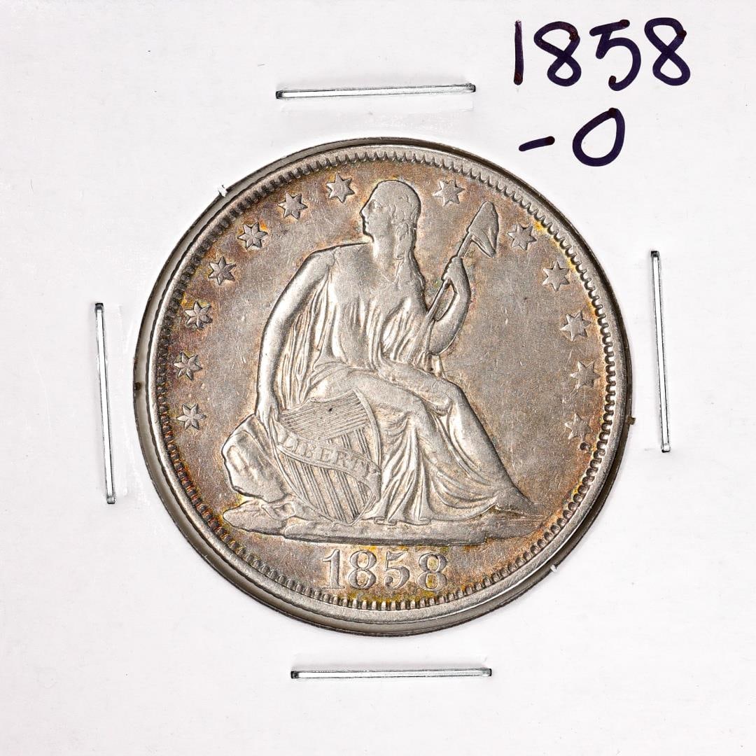 1858-O Seated Liberty Half Dollar Coin: One 1858-O Seated Liberty Half Dollar Coin.