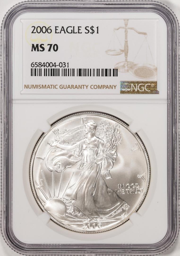 2006 $1 American Silver Eagle Coin NGC MS70: One 2006 $1 American Silver Eagle Coin NGC MS70. NGC Certified.