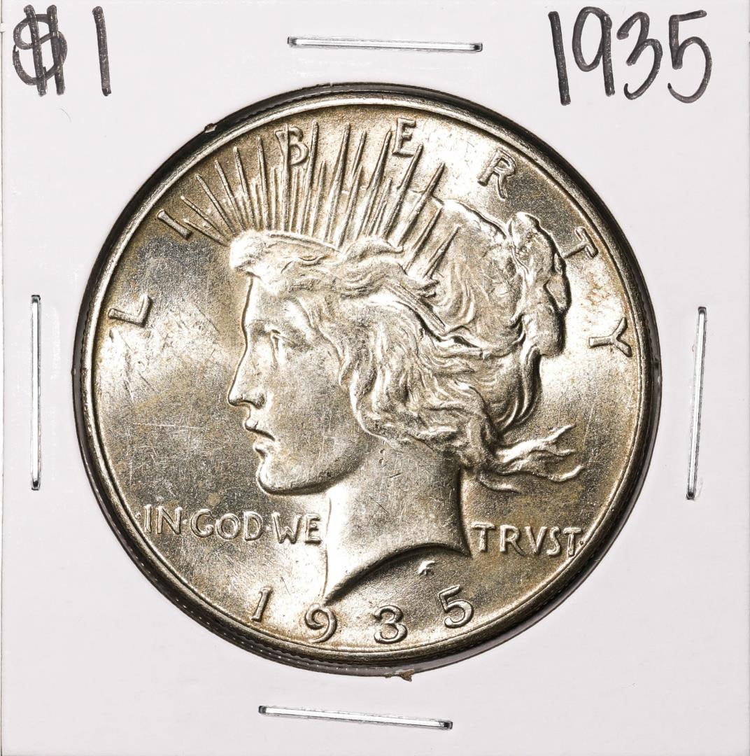 1935 $1 Peace Silver Dollar Coin: One 1935 $1 Peace Silver Dollar Coin.