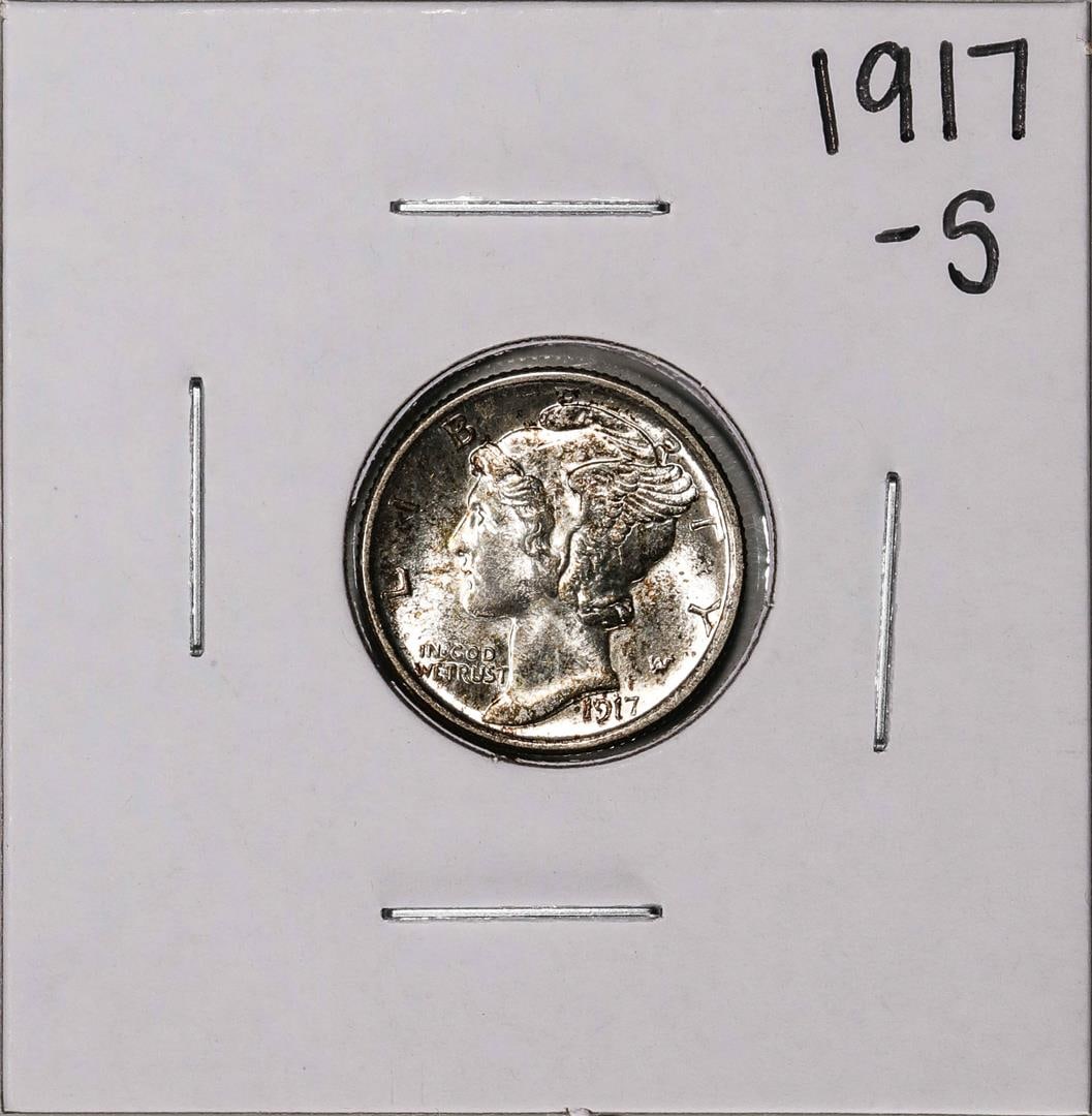 1917-S Mercury Dime Coin: One 1917-S Mercury Dime Coin.