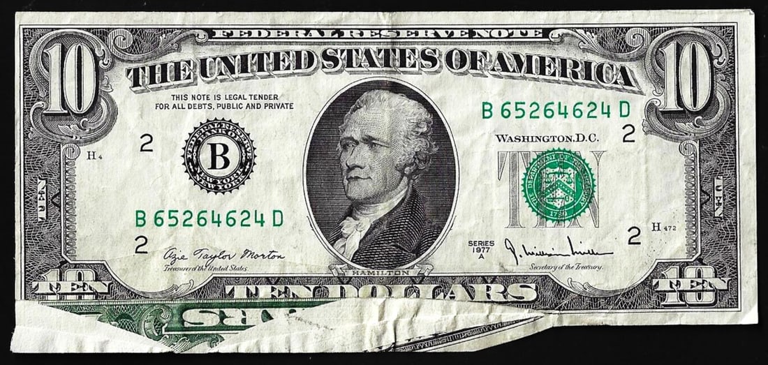 1977A $10 Federal Reserve Note New York Gutter Fold Error: One 1977A $10 Federal Reserve Note New York Gutter Fold Error.