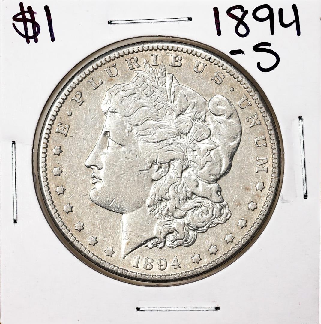 1894-S $1 Morgan Silver Dollar Coin: One 1894-S $1 Morgan Silver Dollar Coin.