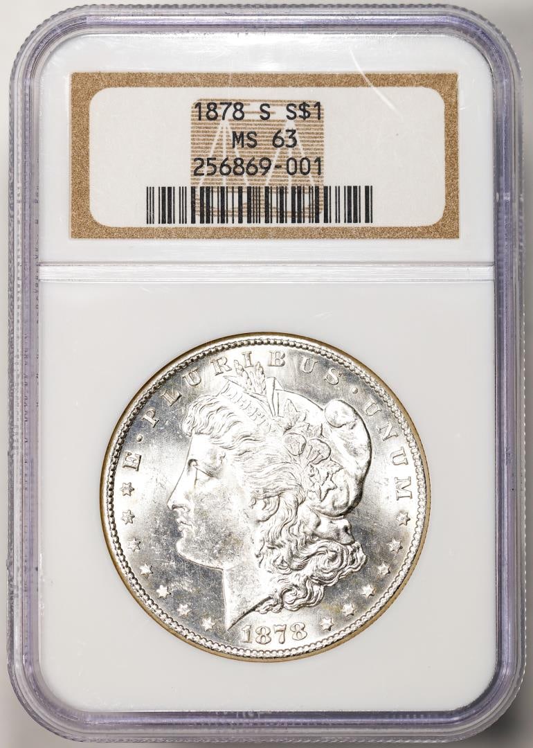 1878-S $1 Morgan Silver Dollar Coin NGC MS63: One 1878-S $1 Morgan Silver Dollar Coin NGC MS63. NGC Certified.