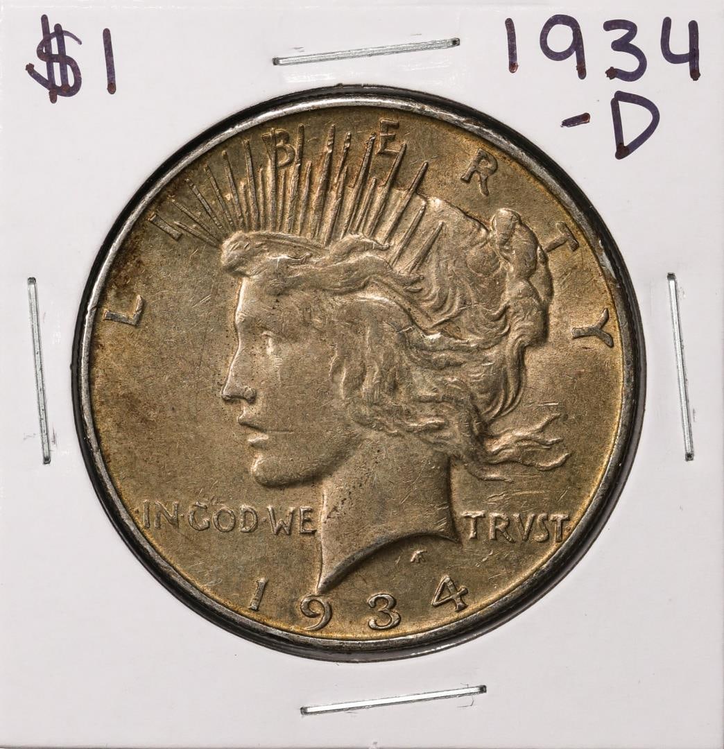 1934-D $1 Peace Silver Dollar Coin: One 1934-D $1 Peace Silver Dollar Coin.