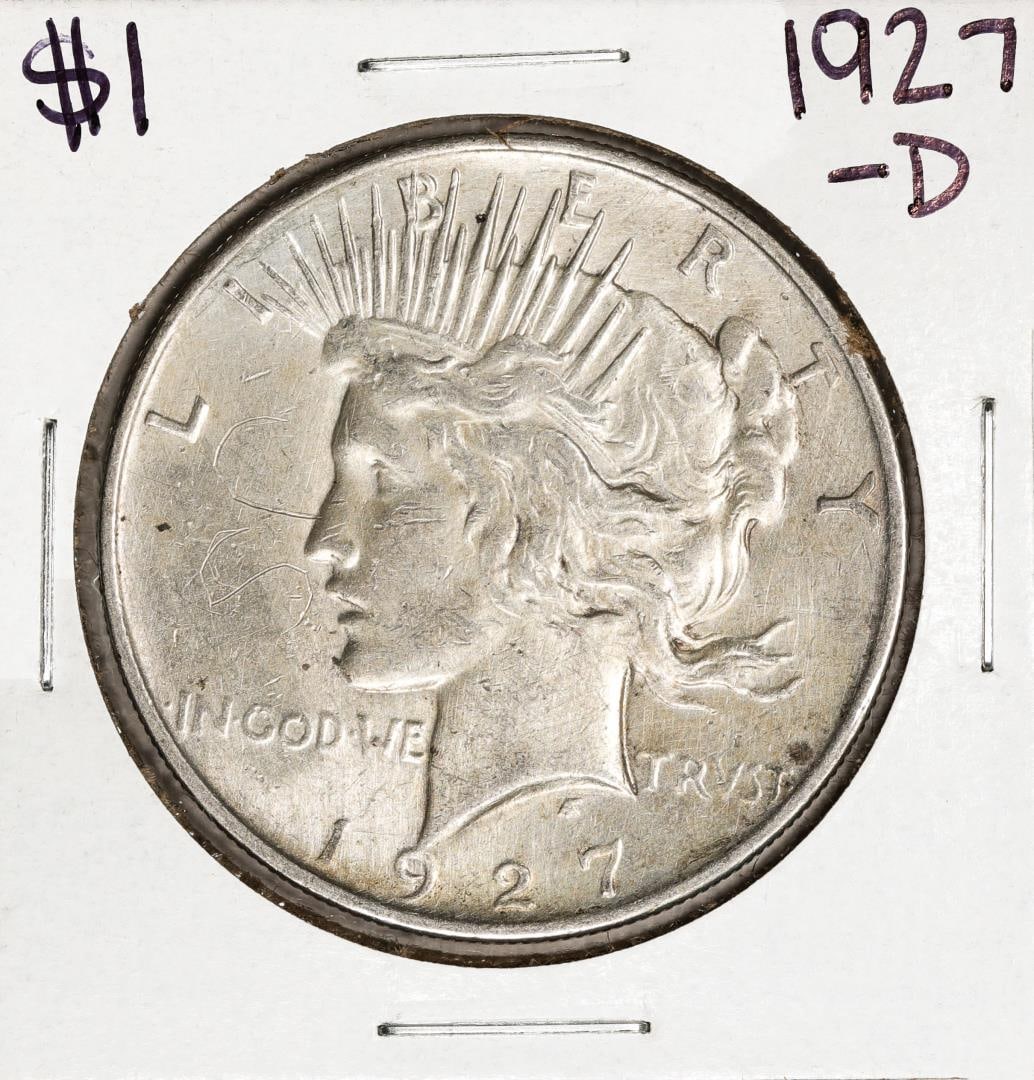 1927-D $1 Peace Silver Dollar Coin: One 1927-D $1 Peace Silver Dollar Coin.