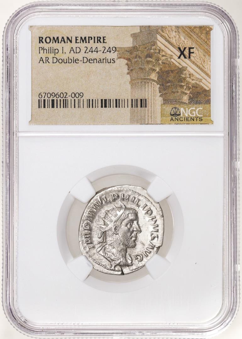 Roman Empire 244-249 AD Philip I AR Double-Denarius Ancient Coin NGC XF: One Roman Empire 244-249 AD Philip I AR Double-Denarius Ancient Coin NGC XF. NGC Certified.