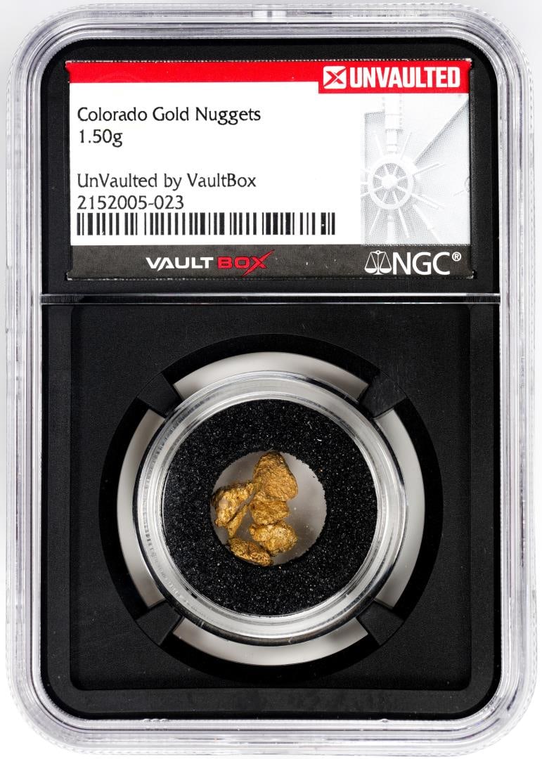 Lot of Colorado Gold Nuggets 1.50 Grams Total Weight NGC Vaultbox Unvaulted: One Lot of Colorado Gold Nuggets 1.50 Grams Total Weight NGC Vaultbox Unvaulted. NGC Certified.
