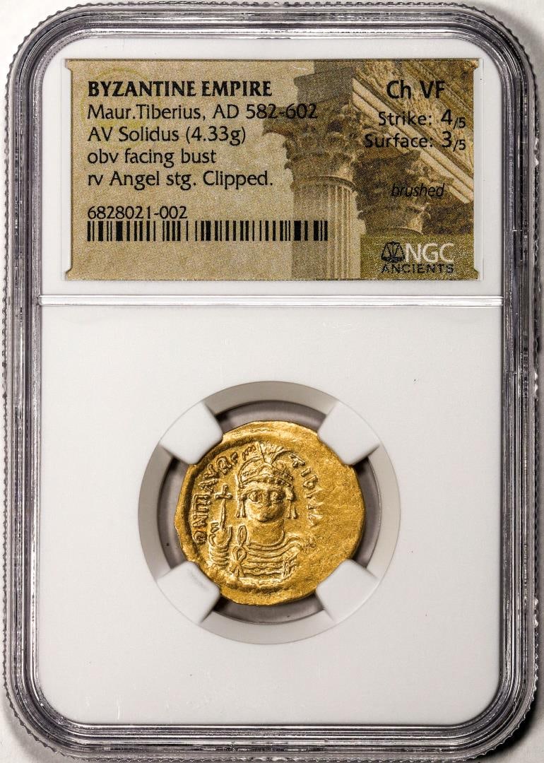 Byzantine Empire 585-602 AD Maur.Tiberius AV Solidus Ancient Gold Coin NGC Ch VF: One Byzantine Empire 585-602 AD Maur.Tiberius AV Solidus Ancient Gold Coin NGC Ch VF. NGC Certified.