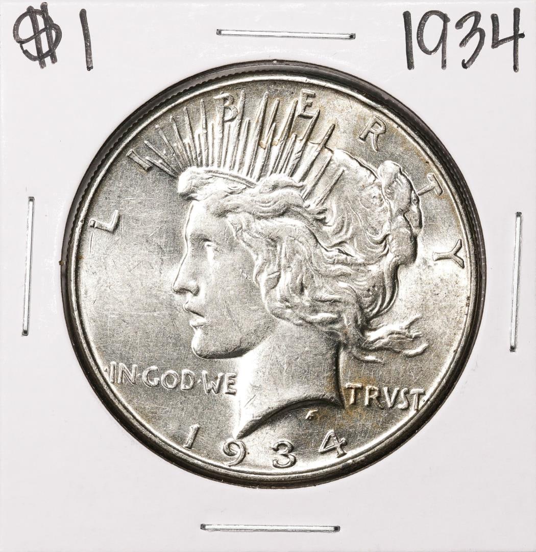 1934 $1 Peace Silver Dollar Coin: One 1934 $1 Peace Silver Dollar Coin.
