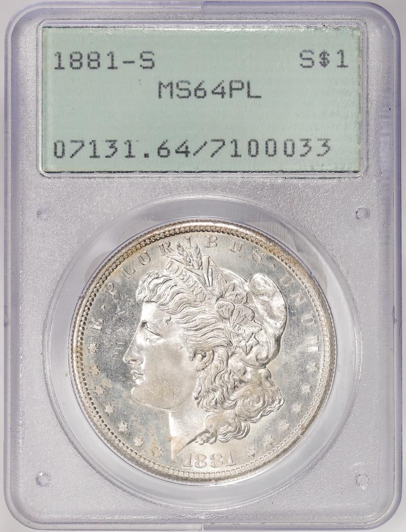 1881-S $1 Morgan Silver Dollar Coin NGC MS64PL Old Green Rattler Holder: One 1881-S $1 Morgan Silver Dollar Coin NGC MS64PL Old Green Rattler Holder. NGC Certified.