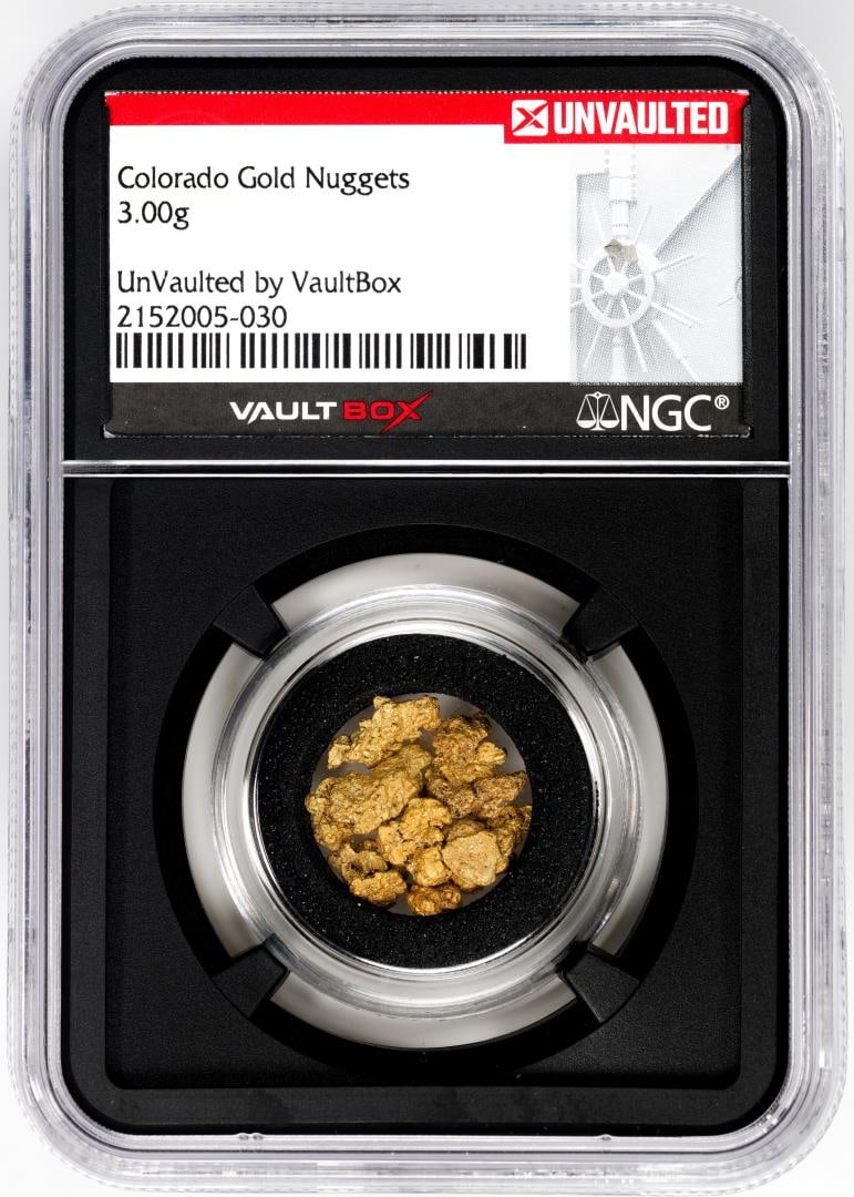 Lot of Colorado Gold Nuggets 3.00 Grams Total Weight NGC Vaultbox Unvaulted: One Lot of Colorado Gold Nuggets 3.00 Grams Total Weight NGC Vaultbox Unvaulted. NGC Certified.