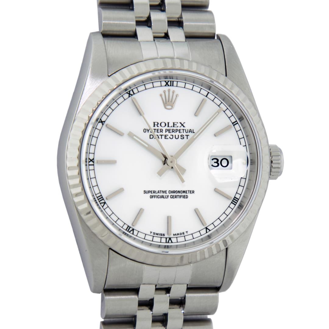 Rolex Men's Stainless Steel White Index Datejust Wristwatch: One Men's Rolex Quickset Stainless Steel Datejust Polished Bright with Satin Finish, Serviced & Electronically Tested, Rolex Stainless Steel Case: 36mm, Rolex Stainless Steel Crown, Rolex Bezel: 14K W