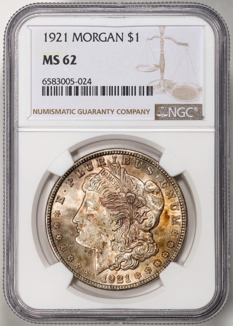 1921 $1 Morgan Silver Dollar Coin NGC MS62: One 1921 $1 Morgan Silver Dollar Coin NGC MS62. NGC Certified.