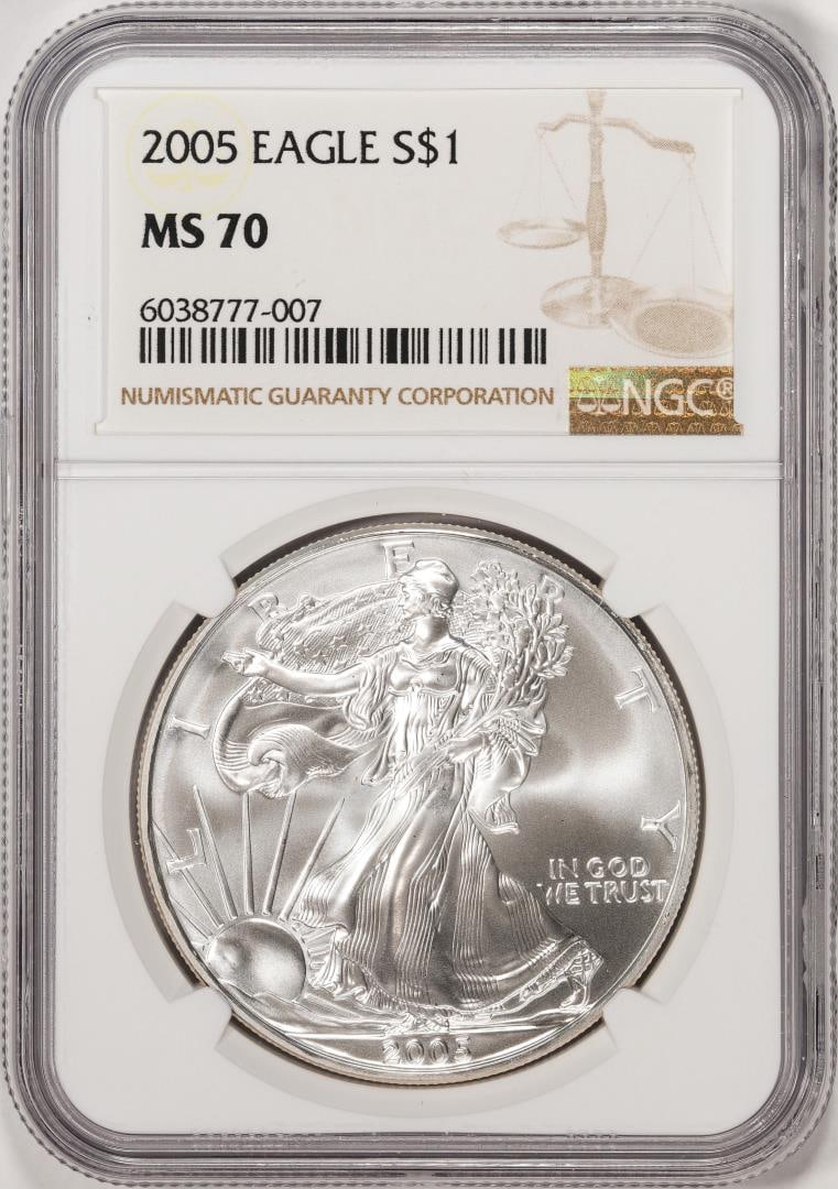2005 $1 American Silver Eagle Coin NGC MS70: One 2005 $1 American Silver Eagle Coin NGC MS70. NGC Certified.