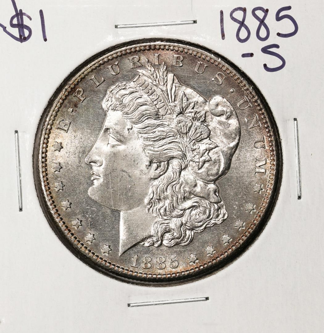 1885-S $1 Morgan Silver Dollar Coin: One 1885-S $1 Morgan Silver Dollar Coin.