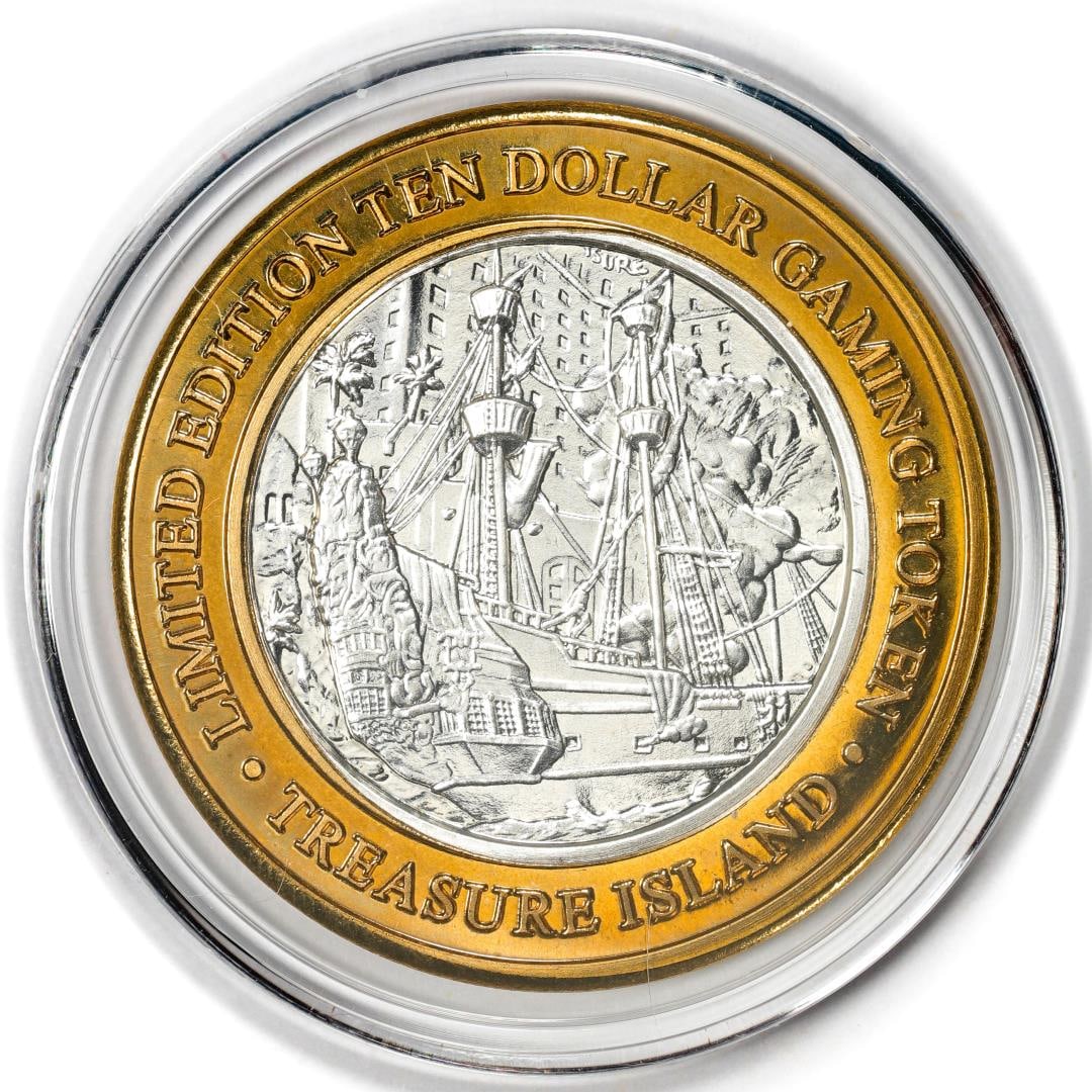 .999 Silver Treasure Island Las Vegas, NV $10 Casino Gaming Token Limited Edition: One .999 Silver Treasure Island Las Vegas, NV $10 Casino Gaming Token Limited Edition.