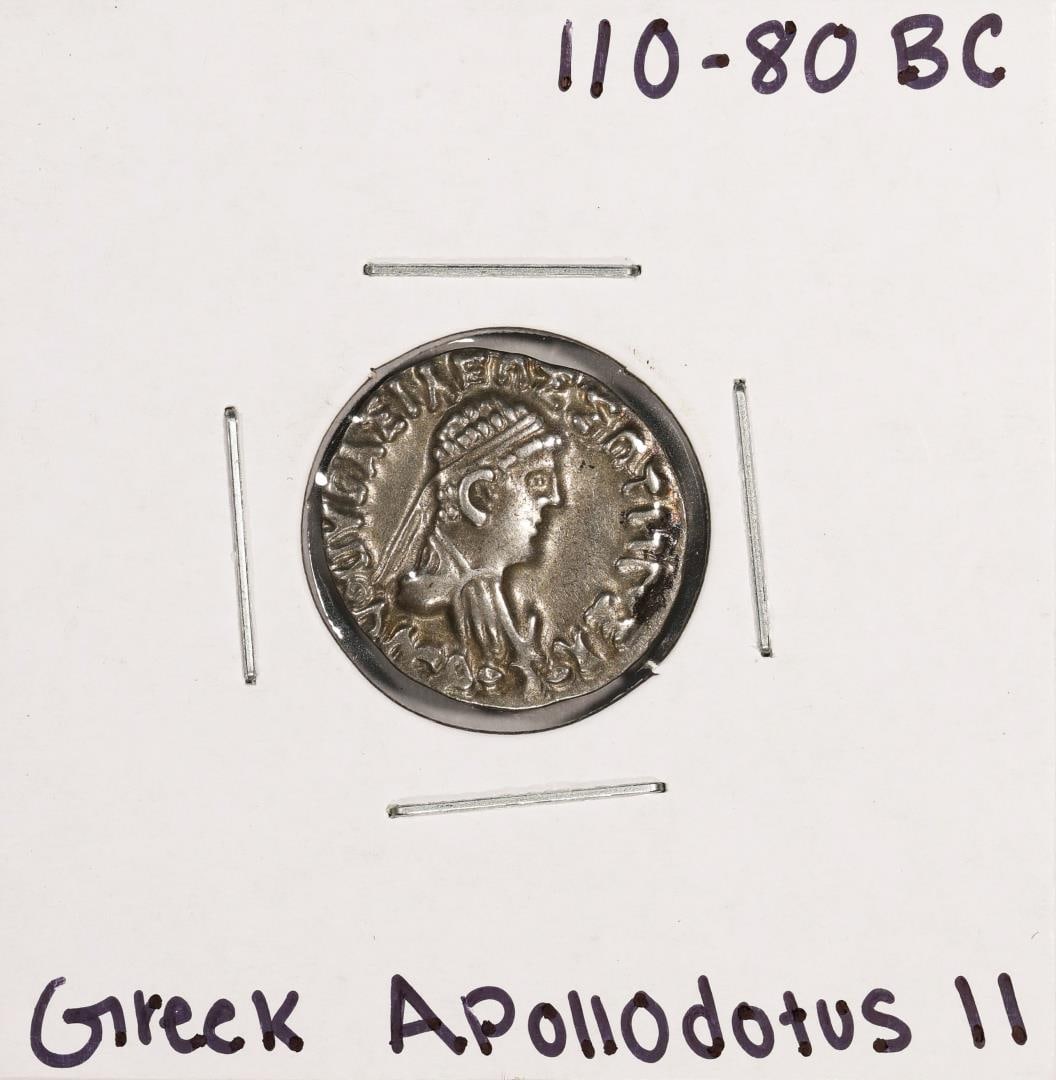 110-80 BC Bactria, Indo-Greek Apollodotus II AR Drachm Ancient Silver Coin: One 110-80 BC Bactria, Indo-Greek Apollodotus II AR Drachm Ancient Silver Coin.