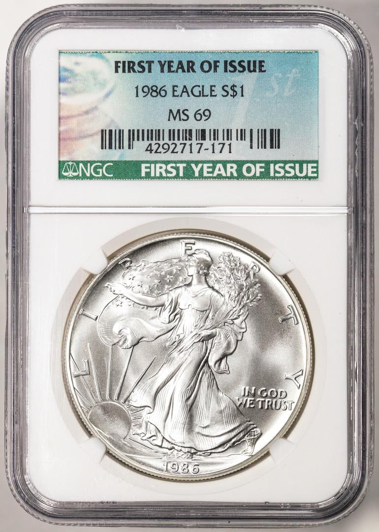 1986 $1 American Silver Eagle Coin NGC MS69 First Year of Issue: One 1986 $1 American Silver Eagle Coin NGC MS69 First Year of Issue. NGC Certified.