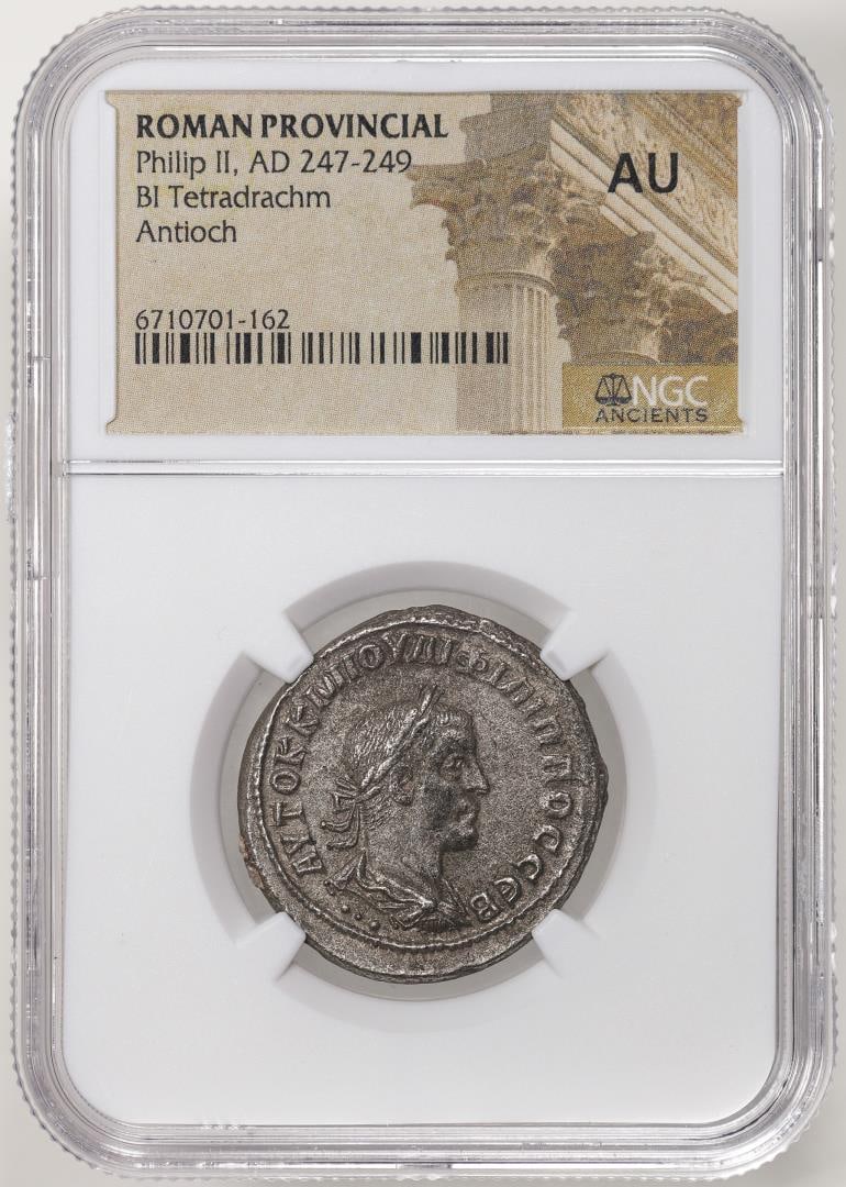 Roman Provicinial 247-249 AD Philip II Bi Tetradrachm Ancient Coin NGC AU: One Roman Provicinial 247-249 AD Philip II Bi Tetradrachm Ancient Coin NGC AU. NGC Certified.