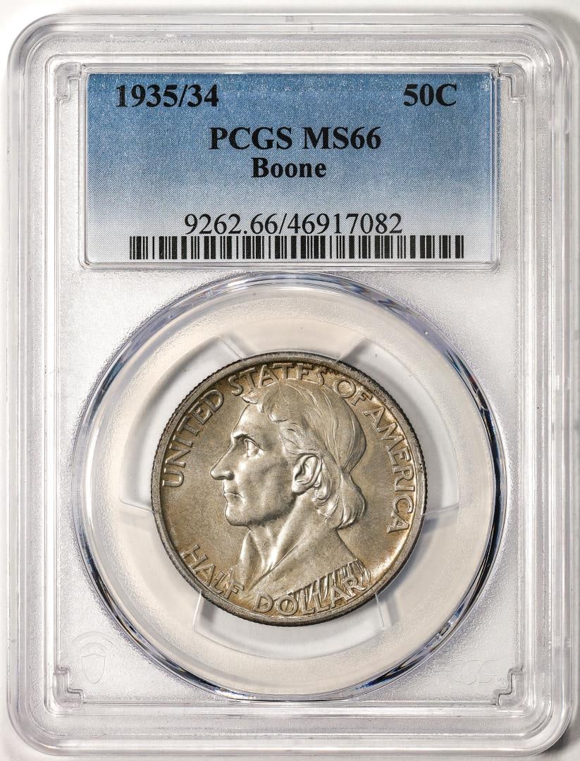 1935/34 Boone Commemorative Half Dollar Coin PCGS MS66: One 1935/34 Boone Commemorative Half Dollar Coin PCGS MS66. PCGS Graded.