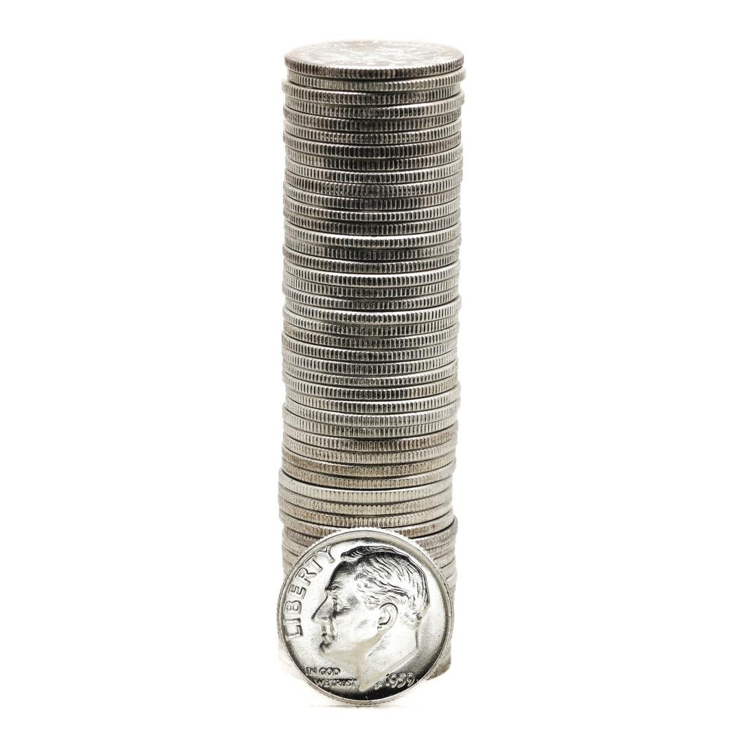 Roll of (50) Brilliant Uncirculated 1959 Roosevelt Dime Coins: One Roll of (50) Brilliant Uncirculated 1959 Roosevelt Dime Coins.