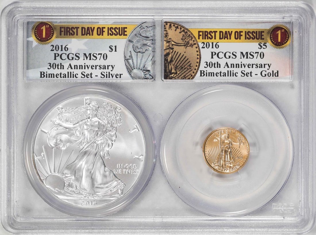 2016 $1 American Silver & $5 Gold Eagle 30th Anniversary Bimetallic Set PCGS MS70 FDOI: One 2016 $1 American Silver & $5 Gold Eagle 30th Anniversary Bimetallic Set PCGS MS70 FDOI. PCGS Graded.