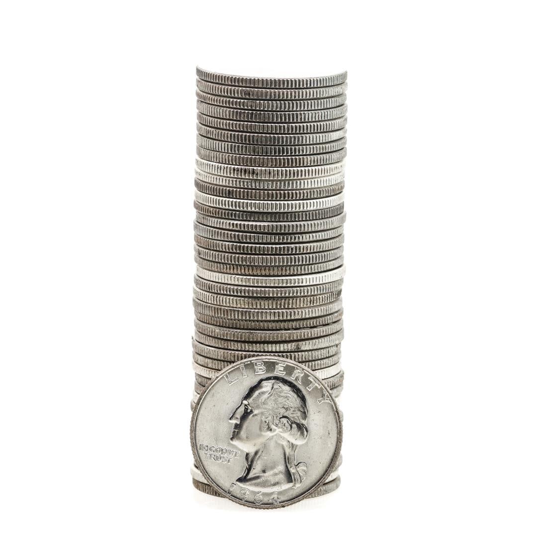 Roll of (40) Brilliant Uncirculated 1964 Washington Quarter Coins: One Roll of (40) Brilliant Uncirculated 1964 Washington Quarter Coins.