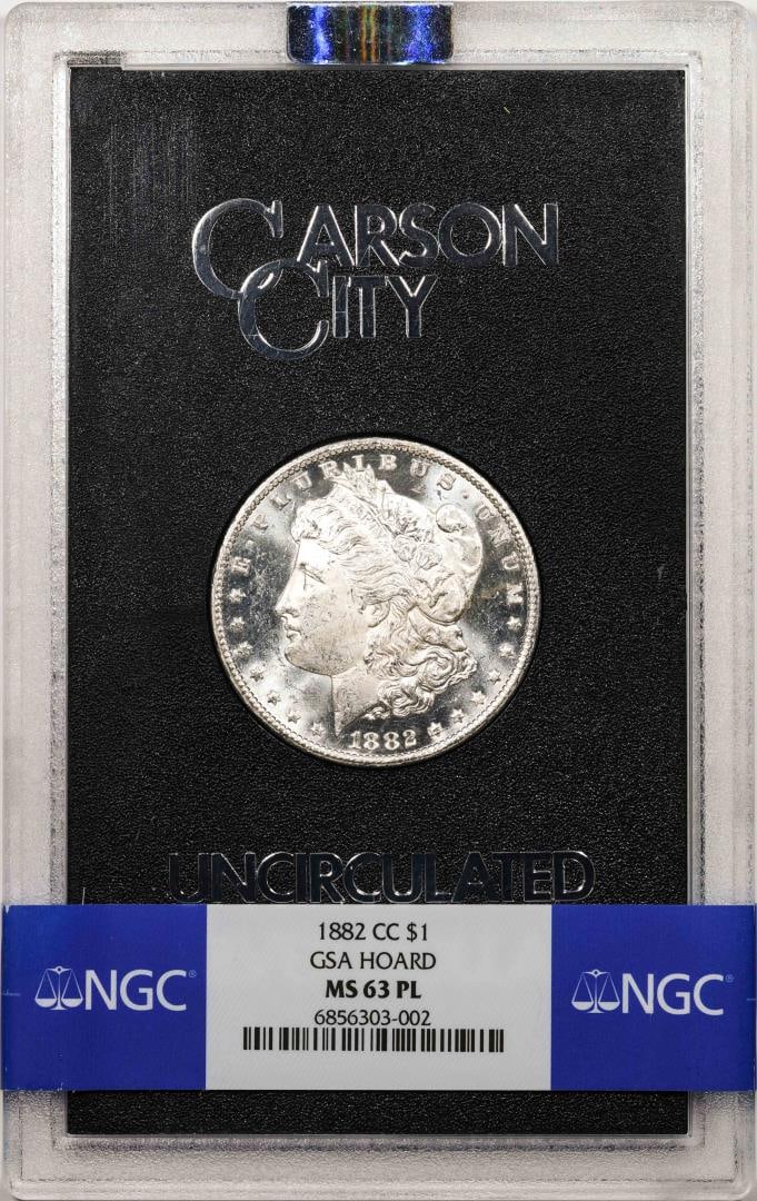 1882-CC $1 Morgan Silver Dollar Coin NGC MS63PL GSA Hoard Uncirculated: One 1882-CC $1 Morgan Silver Dollar Coin NGC MS63PL GSA Hoard Uncirculated. NGC Certified.