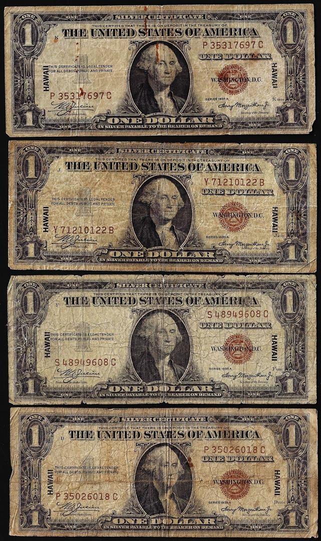 Lot of (4) 1935A $1 Hawaii WWII Emergency Issue Silver Certificate Notes: One Lot of (4) 1935A $1 Hawaii WWII Emergency Issue Silver Certificate Notes.