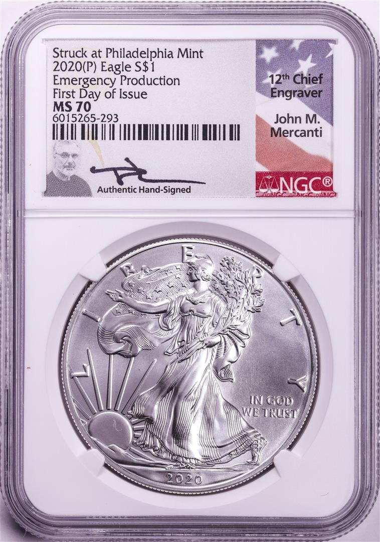 2020-(P) $1 American Silver Eagle Coin NGC MS70 FDOI Mercanti Emergency Philadelphia: One 2020-(P) $1 American Silver Eagle Coin NGC MS70 FDOI Mercanti Emergency Philadelphia. NGC Certified.