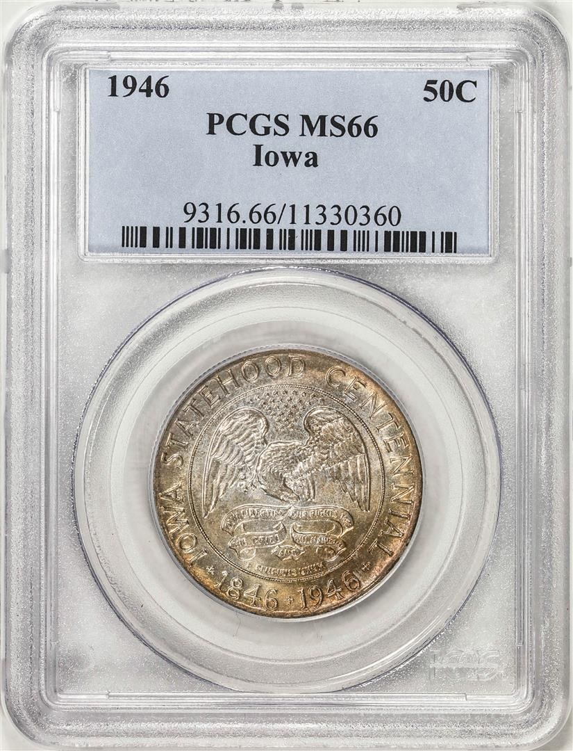 1946 Iowa Centennial Commemorative Half Dollar Coin PCGS MS66: One 1946 Iowa Centennial Commemorative Half Dollar Coin PCGS MS66. PCGS Graded.