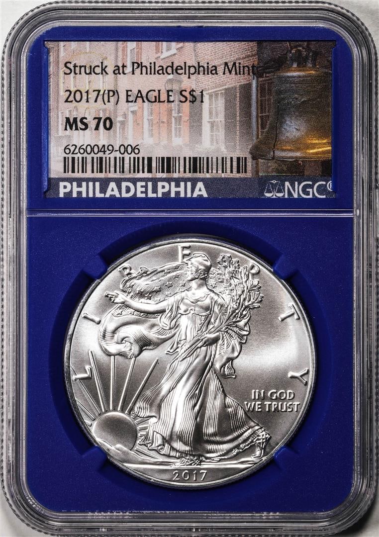 2017(P) $1 American Silver Eagle Coin NGC MS70 Struck at Philadelphia: One 2017(P) $1 American Silver Eagle Coin NGC MS70 Struck at Philadelphia. NGC Certified.