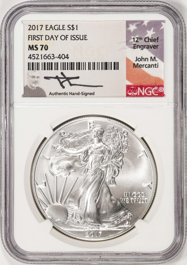 2017 $1 American Silver Eagle Coin NGC MS70 First Day of Issue Mercanti Signature: One 2017 $1 American Silver Eagle Coin NGC MS70 First Day of Issue Mercanti Signature. NGC Certified.