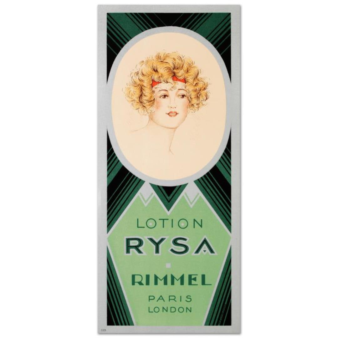 RE Society "Rimmel-Rysa" Print Lithograph on Paper: "Rimmel-Lotion Rysa" is a hand pulled lithograph by the RE Society. Includes letter of authenticity. Measures approx. 10.5" x 23.5" (with border), 9" x 22.5" (image).