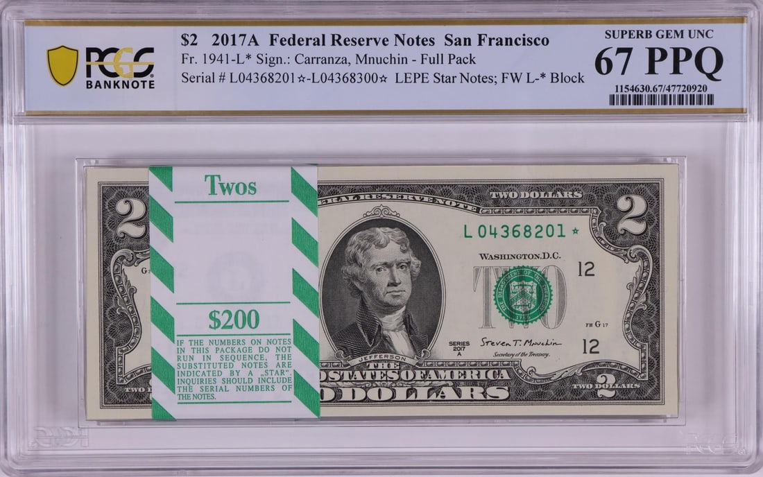 Pack of 2017A $2 Federal Reserve STAR Notes SF Fr.1941-L* PCGS Superb Gem UNC 67PPQ: One Pack of 2017A $2 Federal Reserve STAR Notes SF Fr.1941-L* PCGS Superb Gem UNC 67PPQ. PCGS Graded.