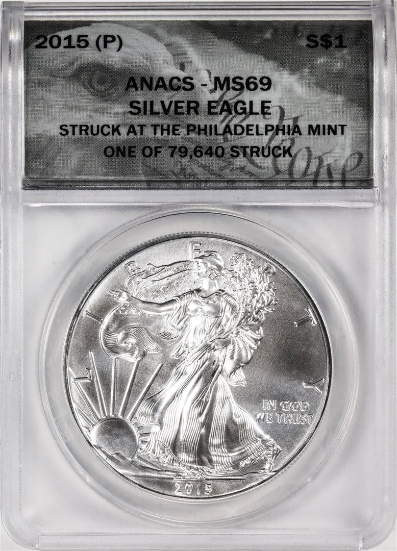2015-(P) $1 American Silver Eagle Coin ANACS MS69 Philadelphia Mint: One 2015-(P) $1 American Silver Eagle Coin ANACS MS69 Philadelphia Mint. ANACS Certified.