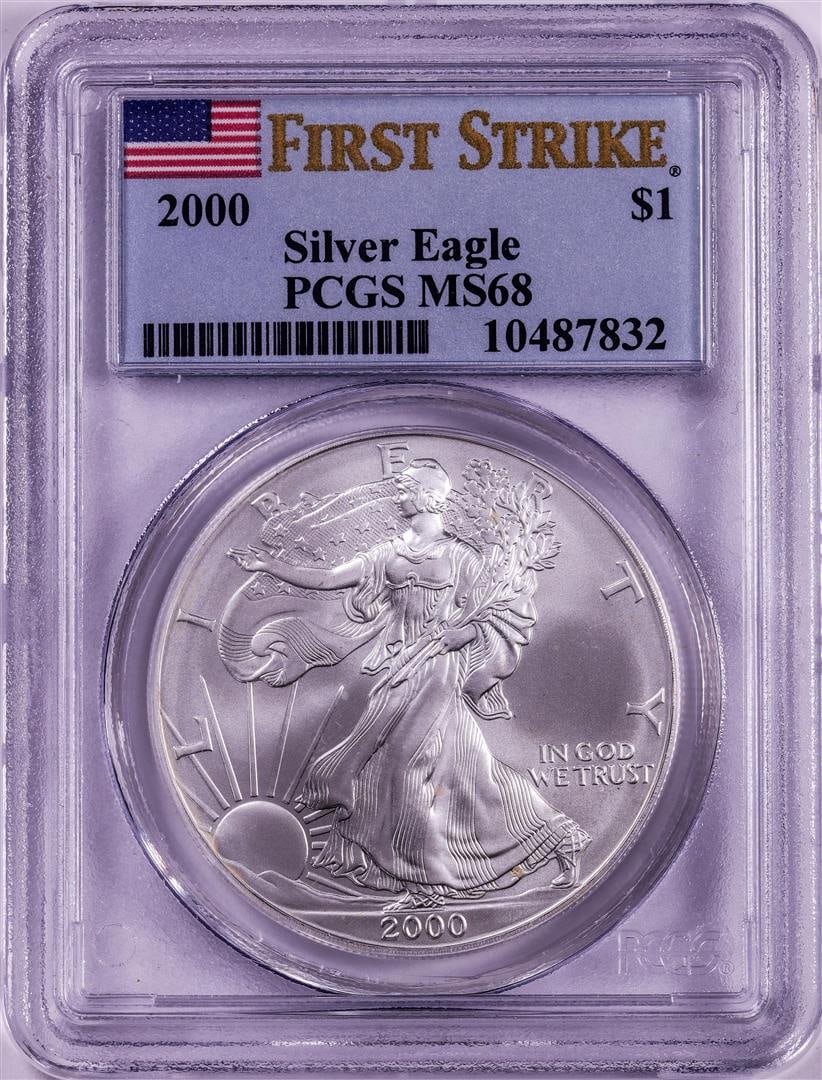 2000 $1 American Silver Eagle Coin PCGS MS68 First Strike: One 2000 $1 American Silver Eagle Coin PCGS MS68 First Strike. PCGS Graded.