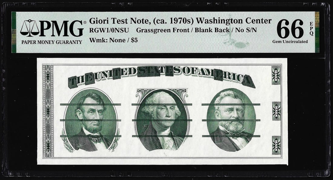 Circa 1970's Washington Center Giori Test Note PMG Gem Uncirculated 66EPQ: One Circa 1970's Washington Center Giori Test Note PMG Gem Uncirculated 66EPQ. PMG Certified.