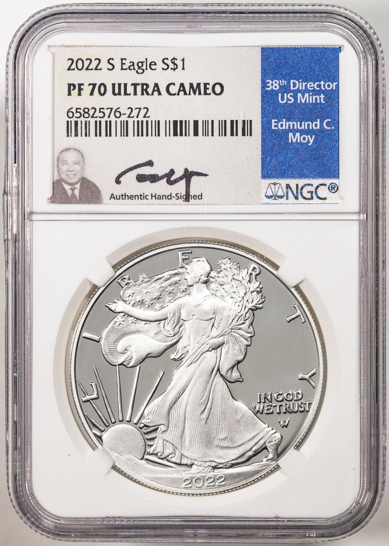 2022-S $1 Proof American Silver Eagle Coin NGC PF70 Ultra Cameo Edmund Moy Signature: One 2022-S $1 Proof American Silver Eagle Coin NGC PF70 Ultra Cameo Edmund Moy Signature. NGC Certified.