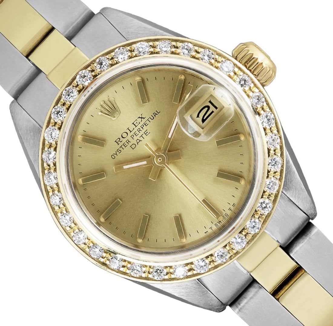 Rolex Ladies Two Tone Diamond Date Wristwatch With Rolex Box: One Rolex Ladies Pre Owned Two Tone 14K Yellow Gold & Stainless Steel Rolex Date Watch Polished, Serviced & Electronically Tested, Rolex Yellow Gold & Stainless Steel Case: 26mm, Rolex Yellow Gold Cro