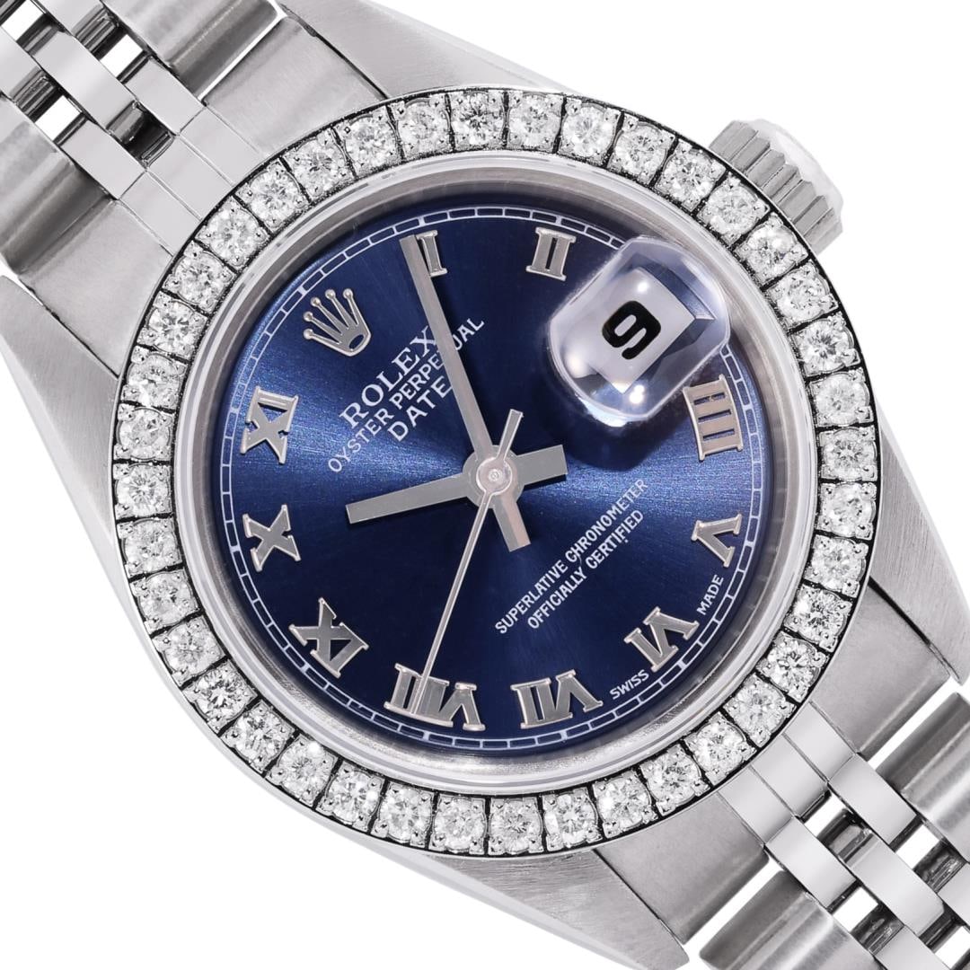 Rolex Ladies Stainless Steel Blue Roman Diamond Date Wristwatch: One Rolex Ladies Pre Owned Quickset Stainless Steel Date Wristwatch Polished Bright with Satin Finish, Serviced & Electronically Tested, Stainless Steel Case: 26mm, Stainless Steel Crown, Custom Bezel