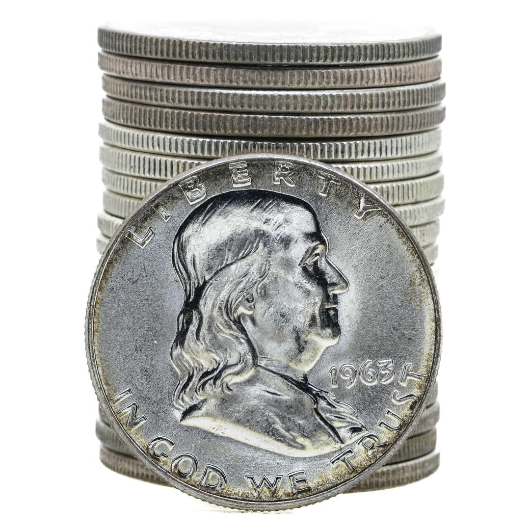 Roll of (20) Brilliant Uncirculated 1963 Franklin Half Dollar Coins: One Roll of (20) Brilliant Uncirculated 1963 Franklin Half Dollar Coins.