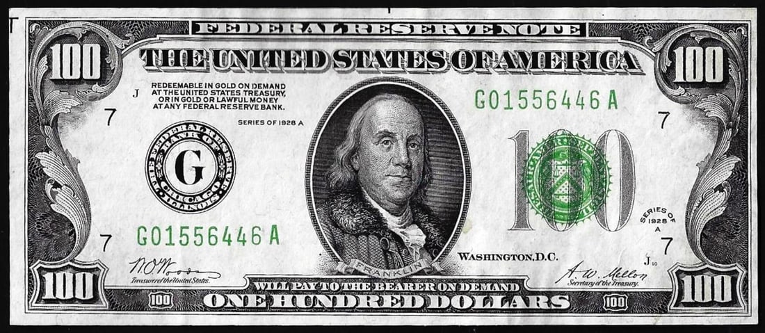 1928A $100 Federal Reserve Note Chicago: One 1928A $100 Federal Reserve Note Chicago.